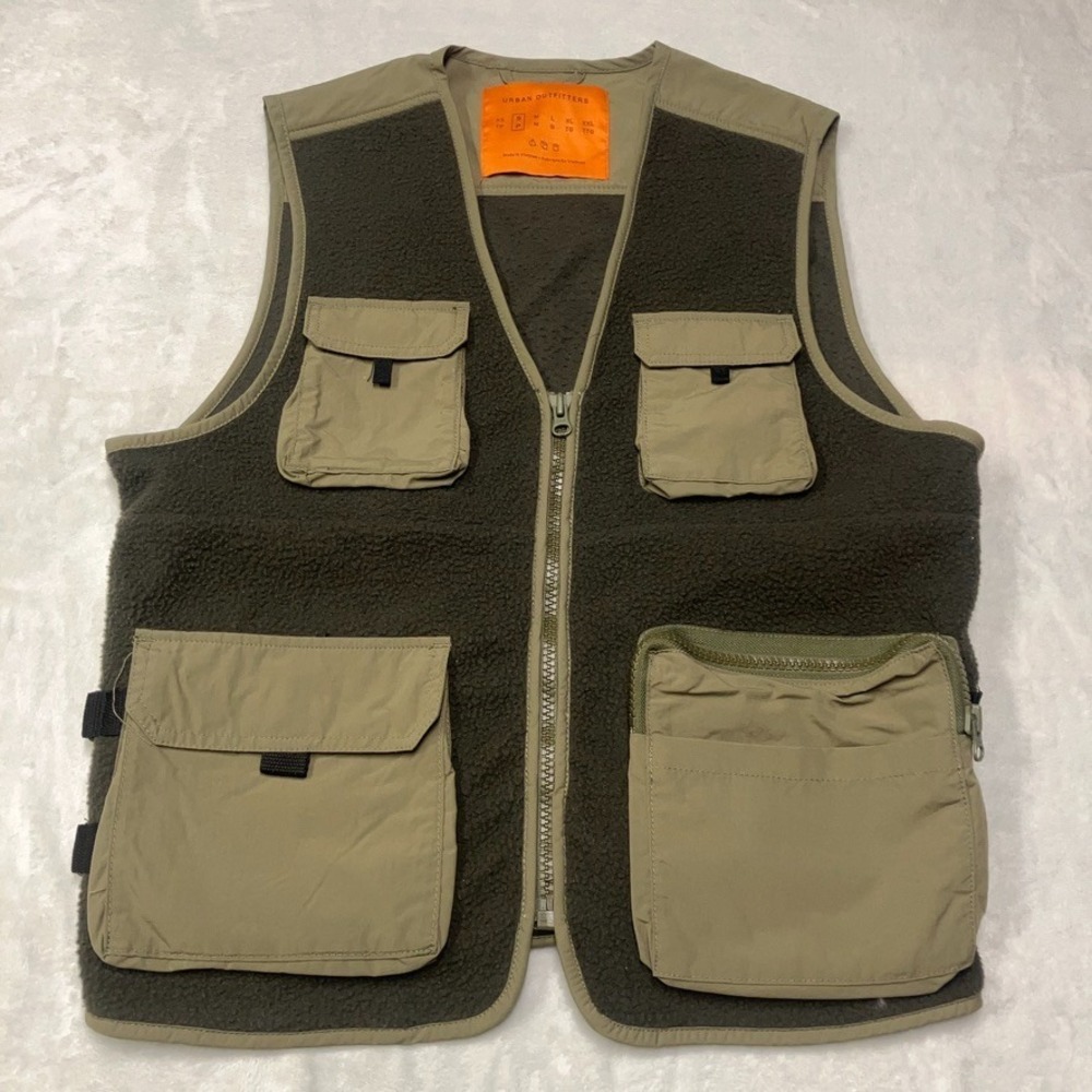Urban Outfitters Fleece Utility Vest Men's Small‎ Green Colorblock Cargo Pockets